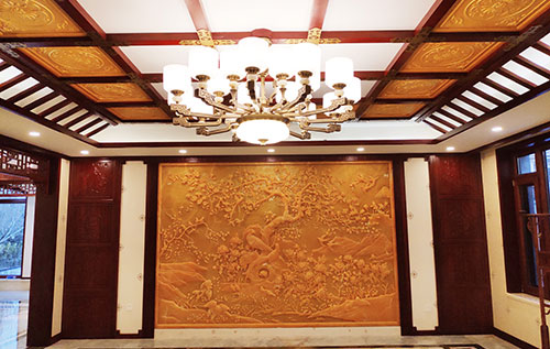 淮上中式别墅客厅中式木作横梁吊顶装饰展示